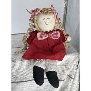 Rag Doll Shelf Sitter Raffia Straw Hair Plaid Country